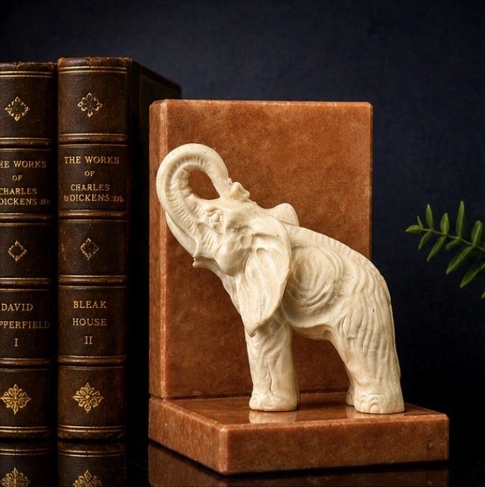 Rare Italian Art Elephant Bookend Marble Alabaster Carved Vintage Nora Fenton